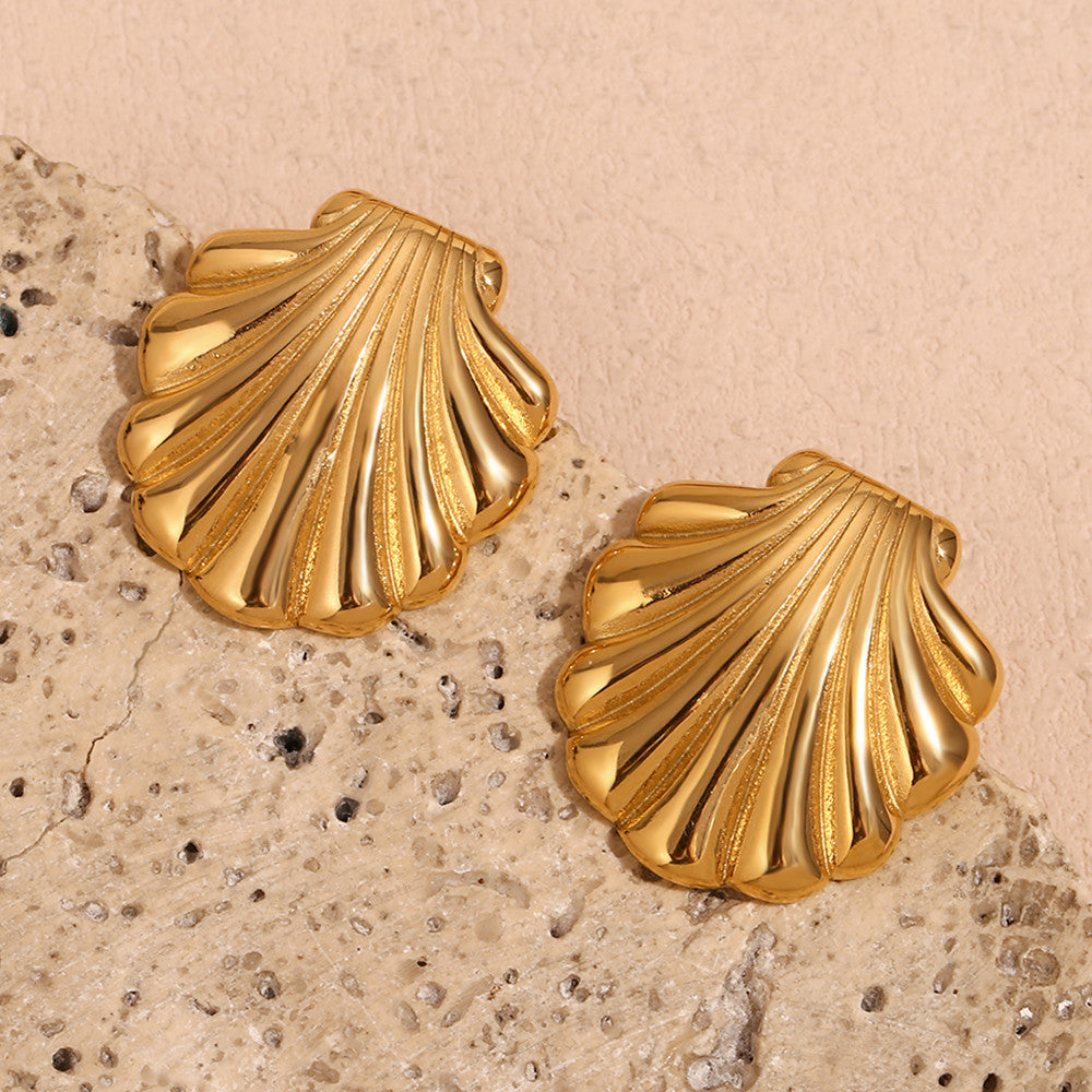 18k Gold Water Resistant Sea Shell Scallop Stud Solid Stainless Steel Boho Earrings