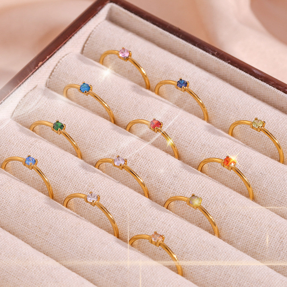 Ladies 18k Gold Stainless Steel Waterproof 12 Months Constellation CZ Birthstone Rings