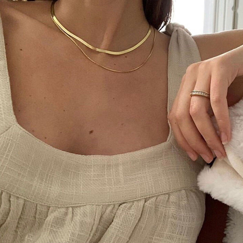 18k Gold Double Layers 14K Gold Plated Box Herringbone Chain Choker Necklaces thumbnail