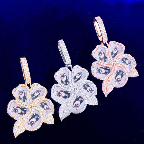 24k 925 Silver Flooded Ice Custom Made Photo Collage Flower Bling Pendant Necklace