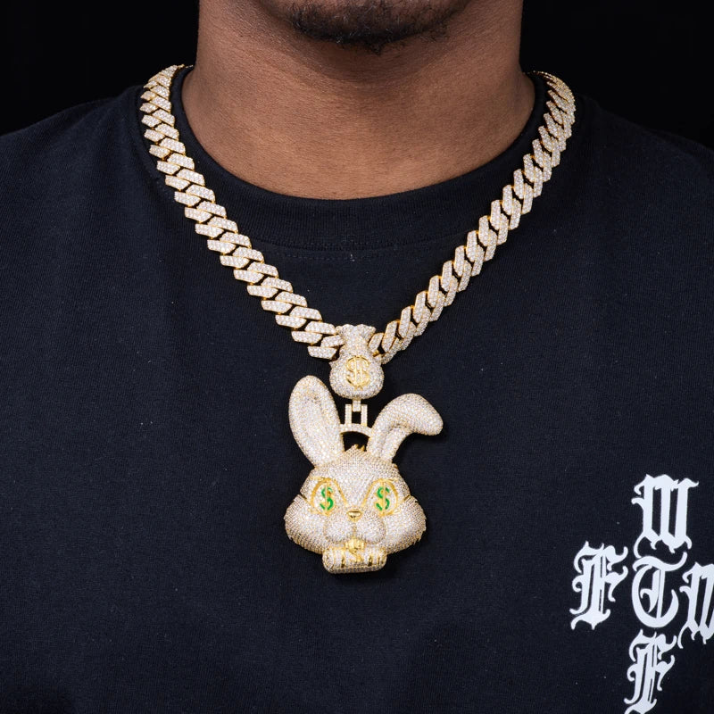 Fast Money | Iced Blinged Out Money Bag Rabbit 925 Silver Moissanite Hip Hop Pendant