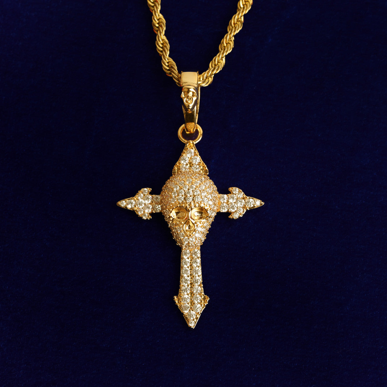 24k Gold 5A Flooded Ice Stone Skull Cross Blinged Out Pendant Chain Necklace