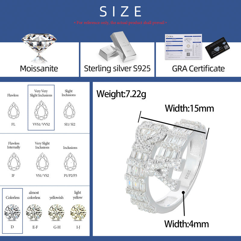 Moissanite Diamond Baguette Custom Initial Letter Heart Sterling Silver Hip Hop Rings