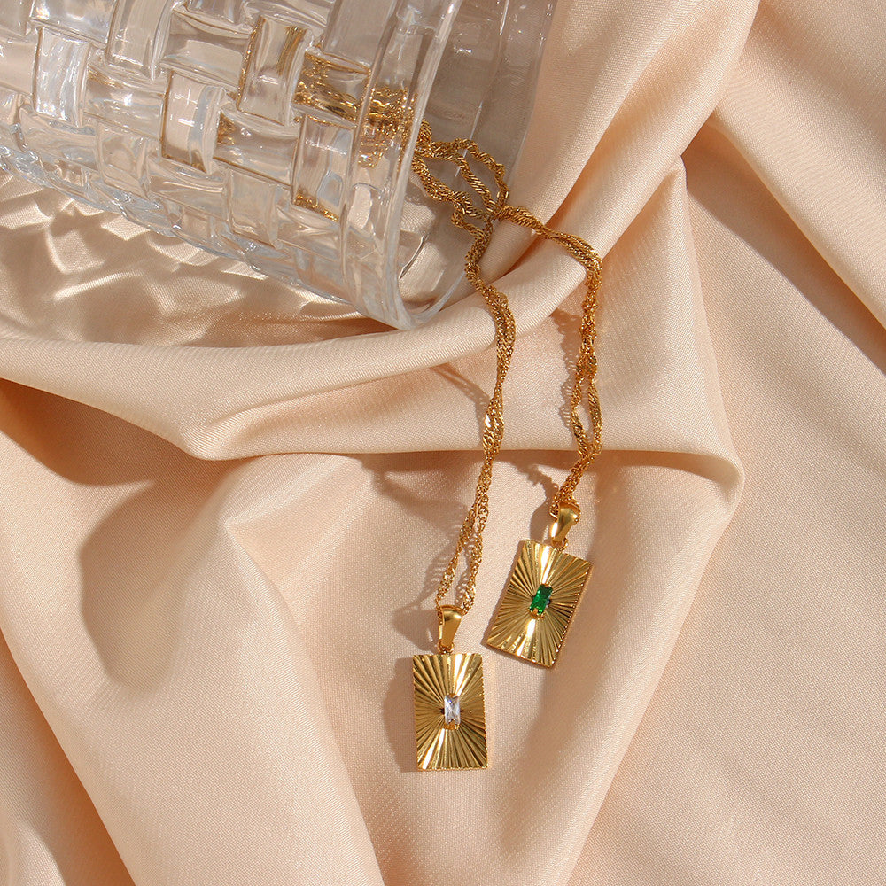 Sunburst 18k Gold Over Stainless Steel Waterproof Rectangle 316L Chain Necklace