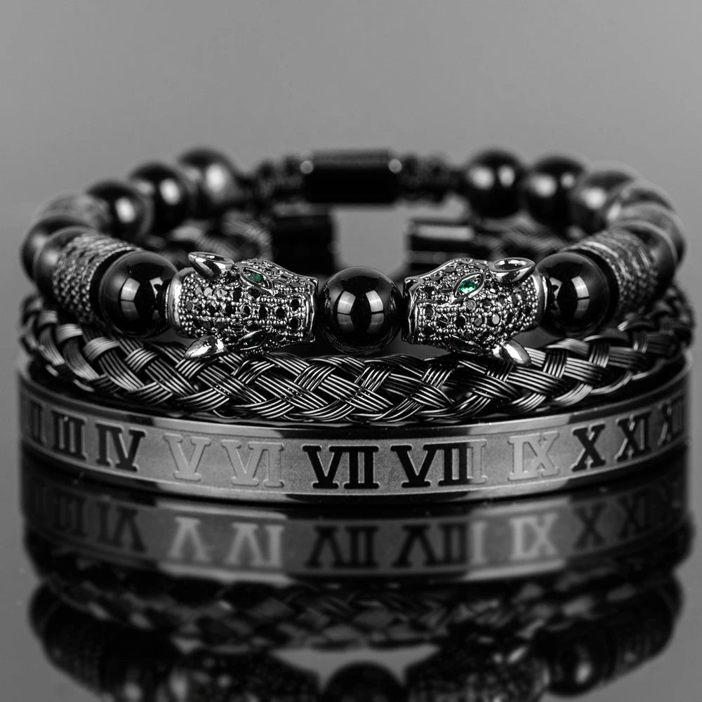 Snow Leopard | VVS Diamond CZ 3 Piece Premium Black Agate Beaded Hip Hop Bracelet Set