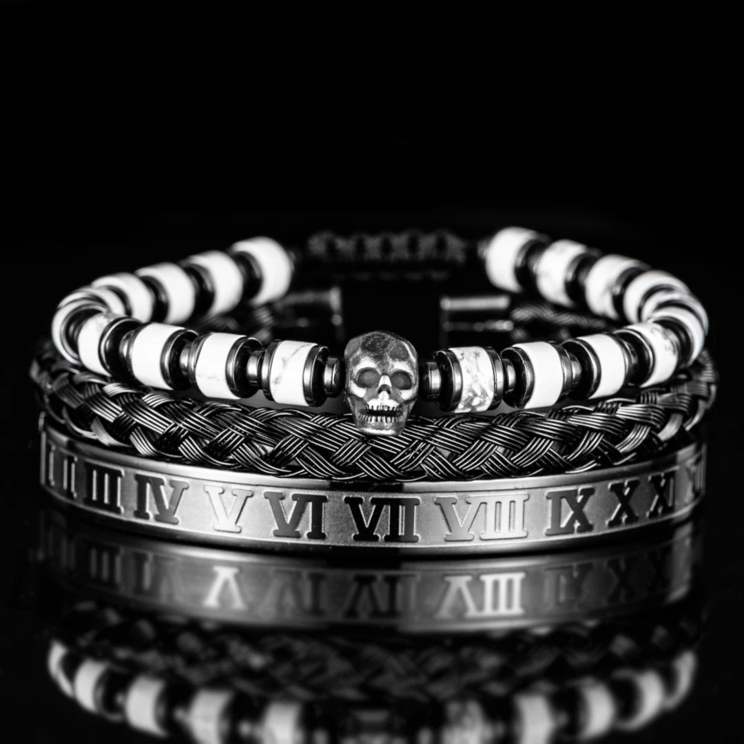 Skull Fire | Luxury 3pcs/set Men's Natural Stone Beads Hip Hop Bracelet Set