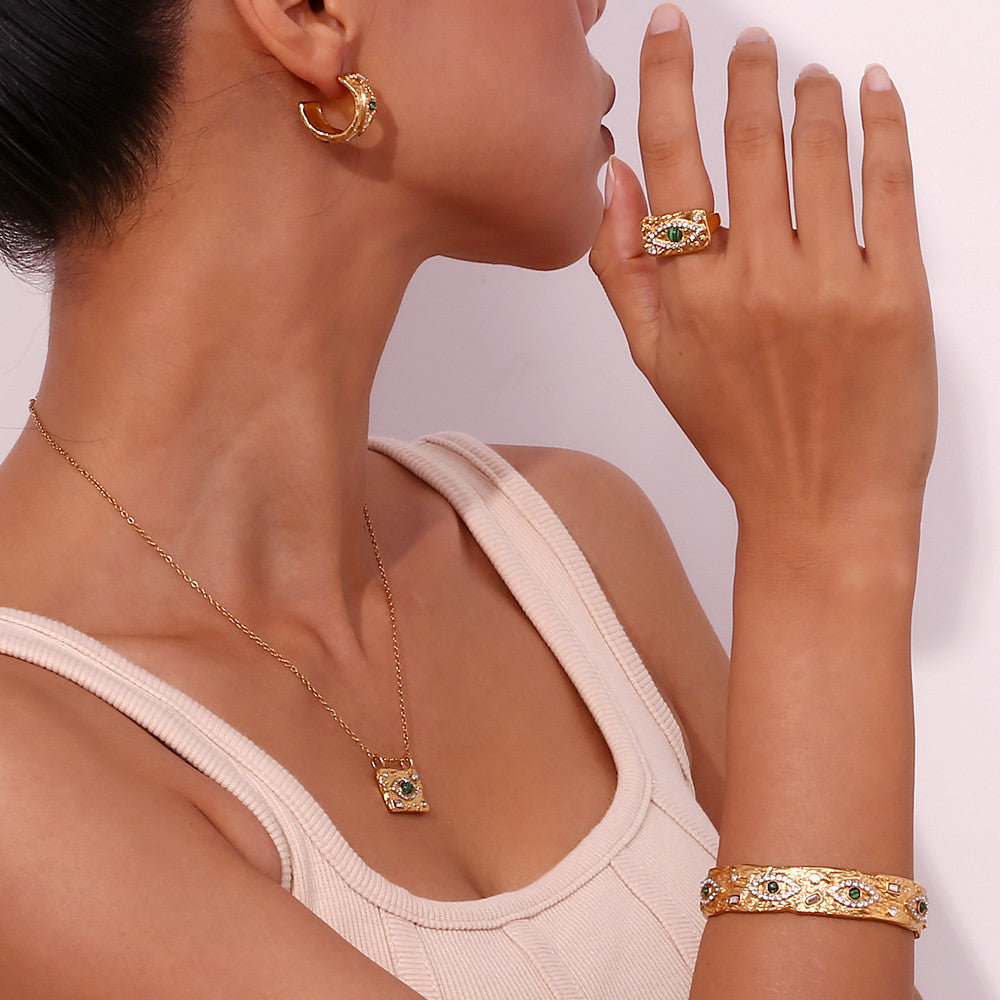 18k Gold Waterproof Malachite Eye CZ Open Bracelet Stainless Steel Ring Bracelet Jewelry Set