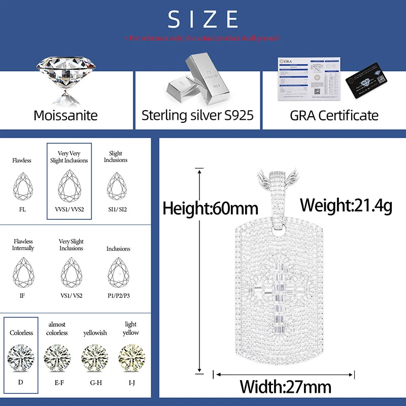 Tagged Baguette Cross | Moissanite Diamond Solid 925 Silver Hip Hop Dogtag Pendant