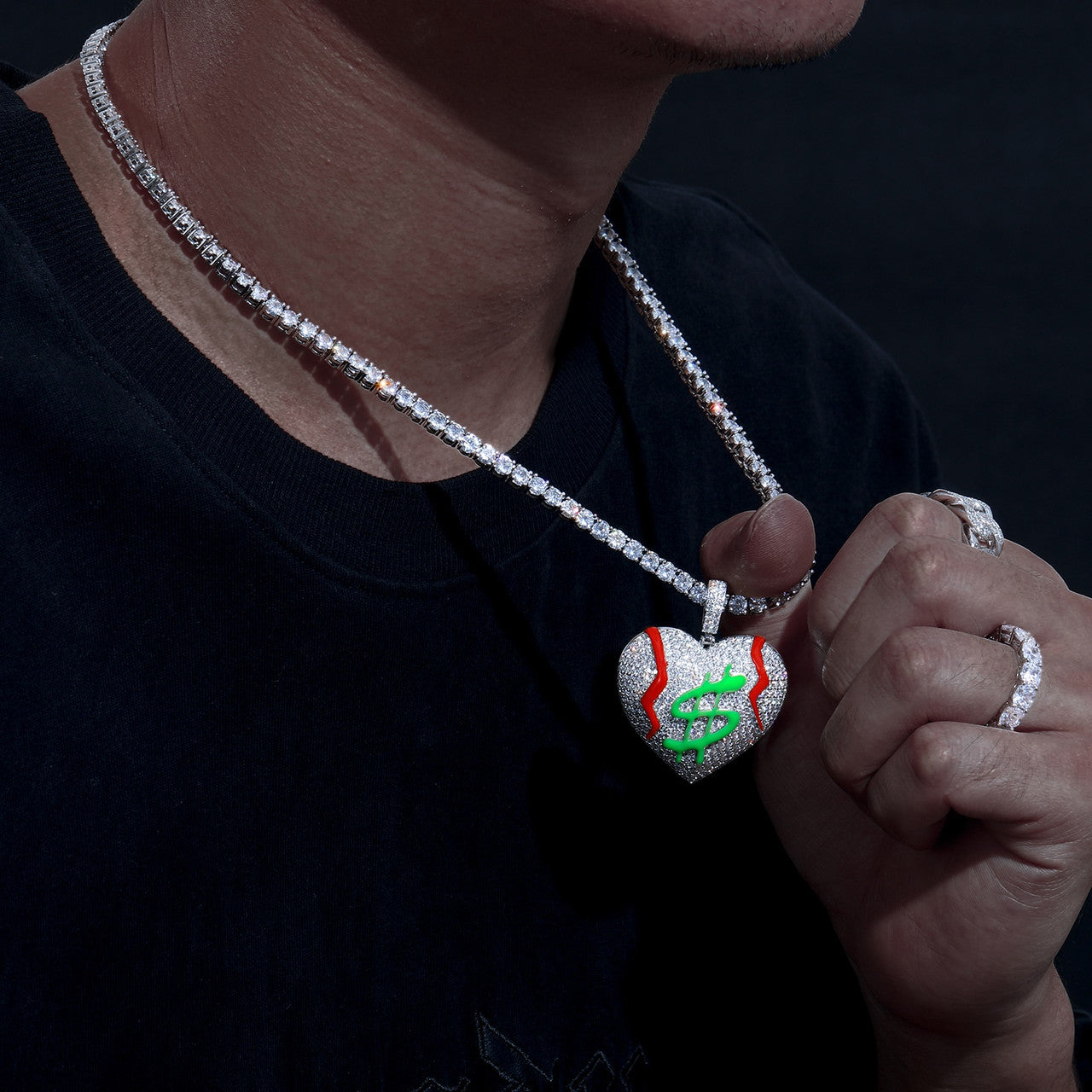 Genuine VVS Diamond Get The Money Bleeding Broke Heart Hip Hop Pendant Chain Necklace