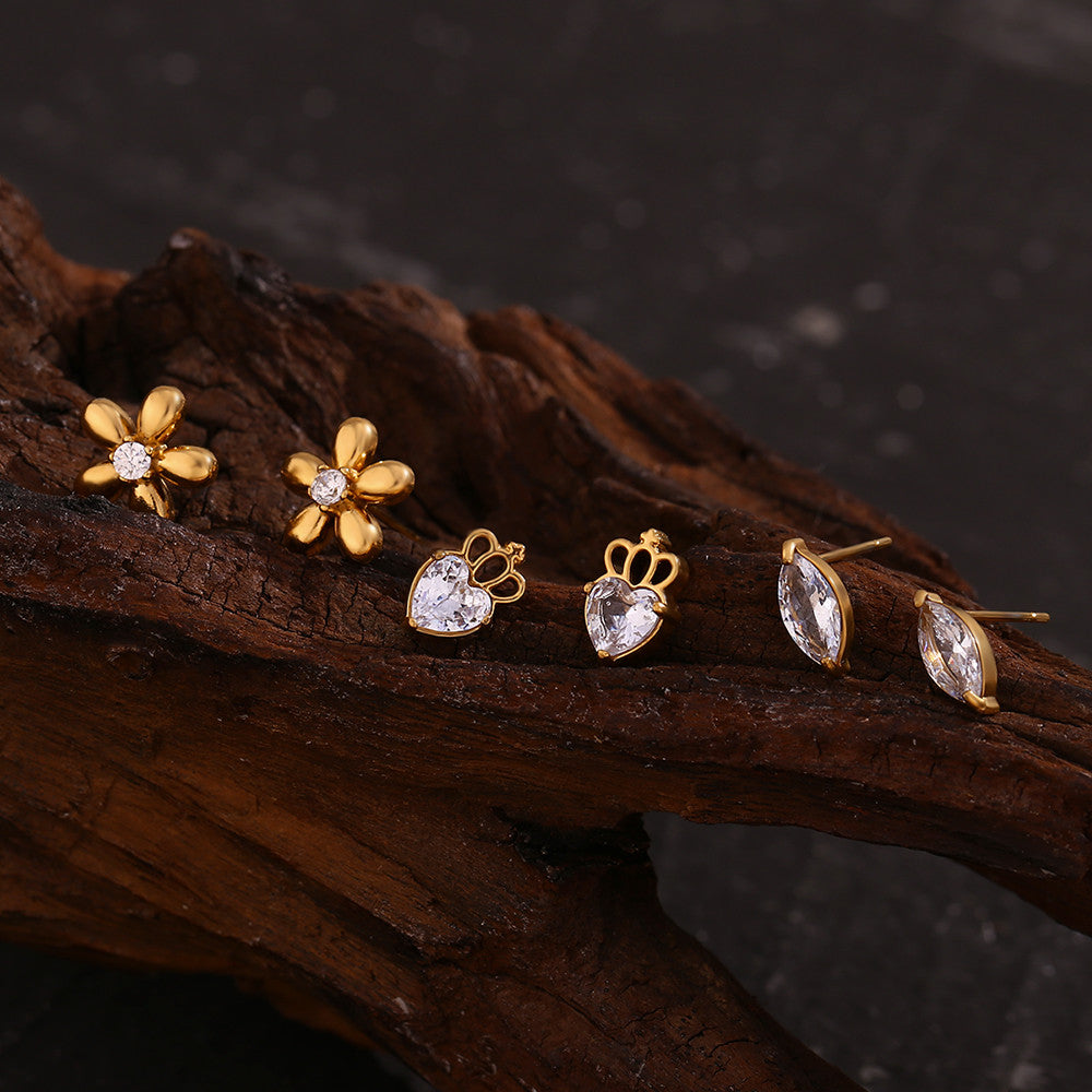 18k Gold Tarnish Free Mini CZ Flower Crown Horse Bling Stainless Steel Earrings
