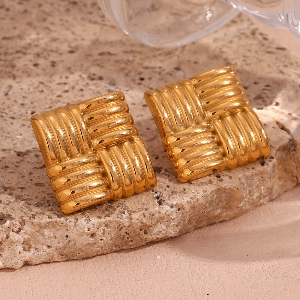 Ladies Four Square Bling 18k Gold Solid Stainless Steel Waterproof Earrings