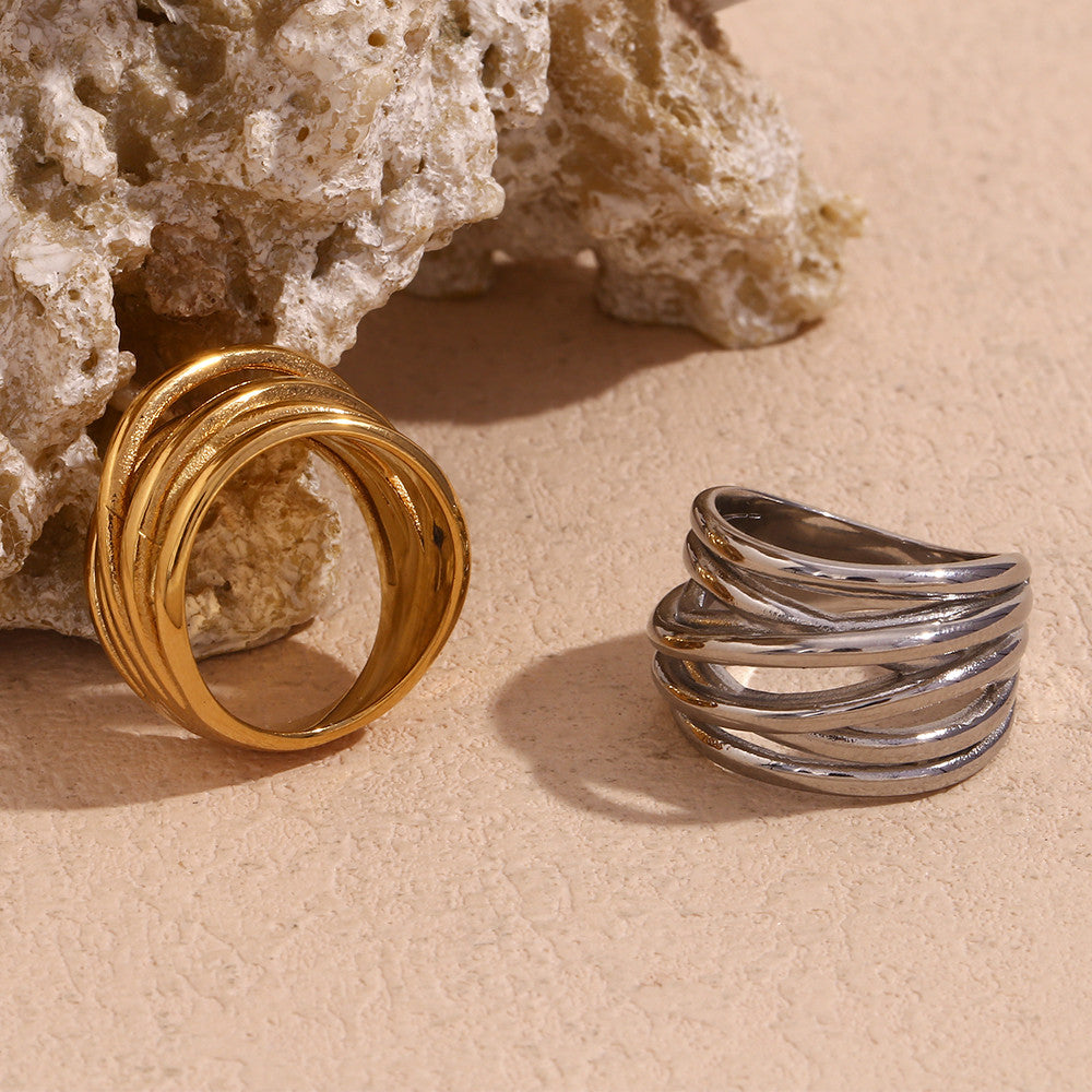 Ladies 18k Gold Silver No Fade Stainless Steel Irregular Woven Winding Waterproof Rings