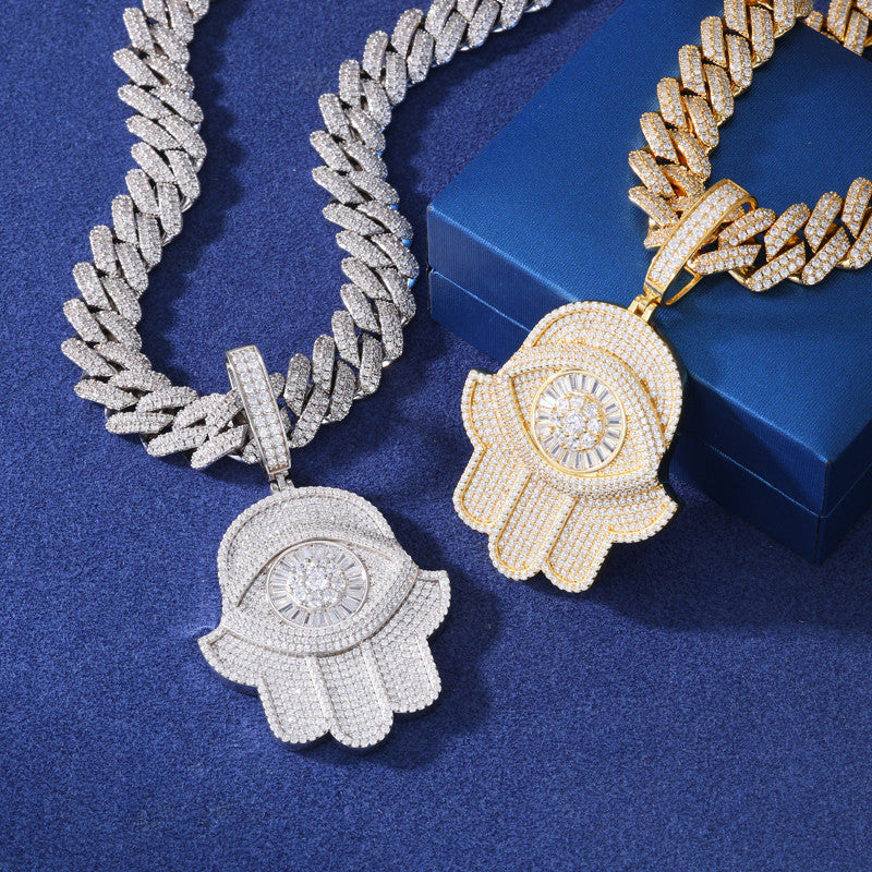 Iced Evil Eye | Moissanite Diamond Luxury 925 Silver Iced Blinged Out Fatima Hamsa Hand Pendant