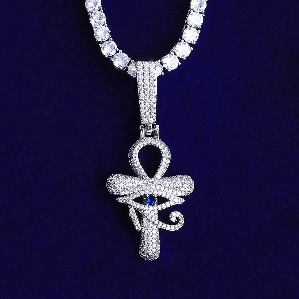 Radiant Ankh | Blue Stone VVS Diamond CZ Ankh Cross Eye Of Horus Hip Hop Pendant