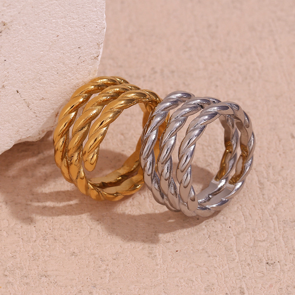 18k Gold Three Layers Twisted Opening Stainless Steel Tarnish Free Bling Ring