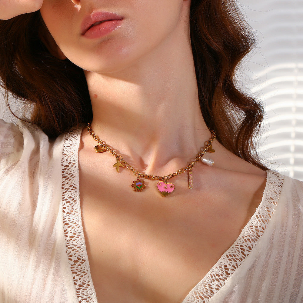 18k Gold Waterproof European Style Stainless Steel Pink Heart Pearl Pendant Necklace