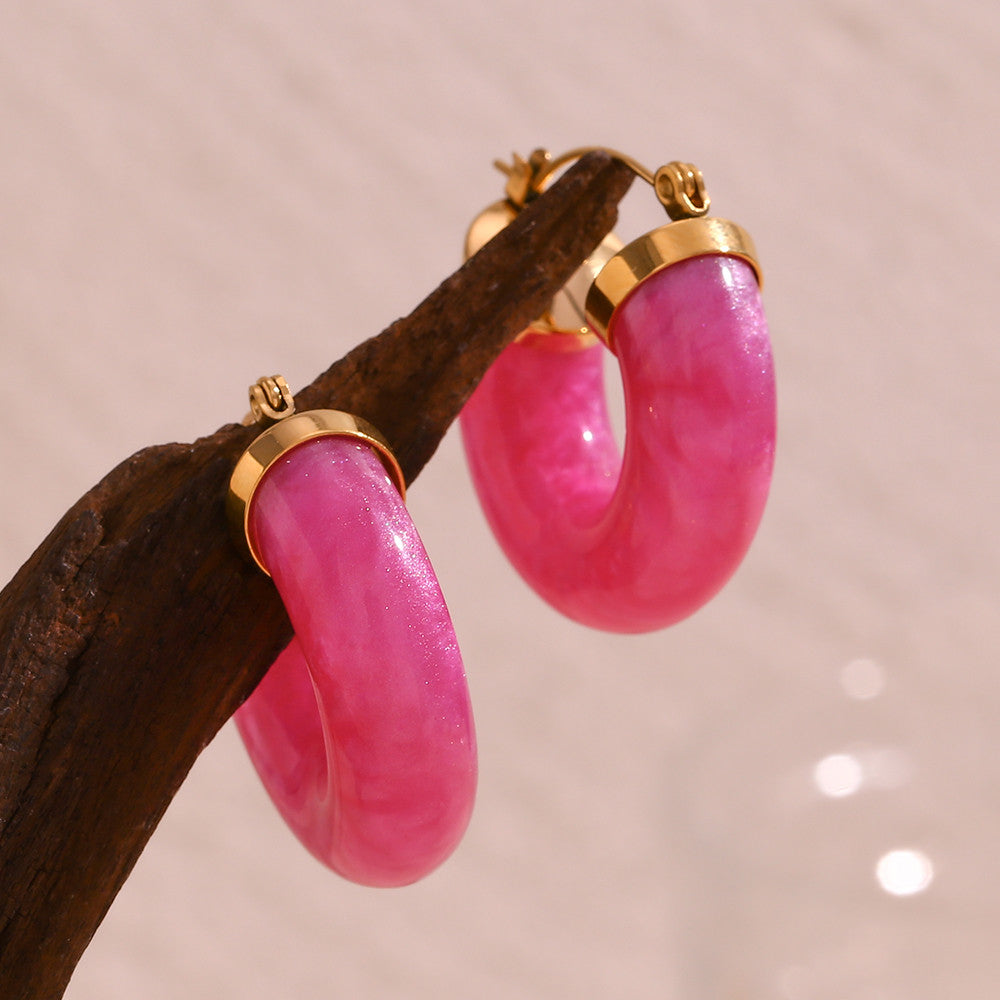 Ladies Acrylic Green Pink White Chunky 18k Gold Stainless Steel Acrylic Hoop Earrings