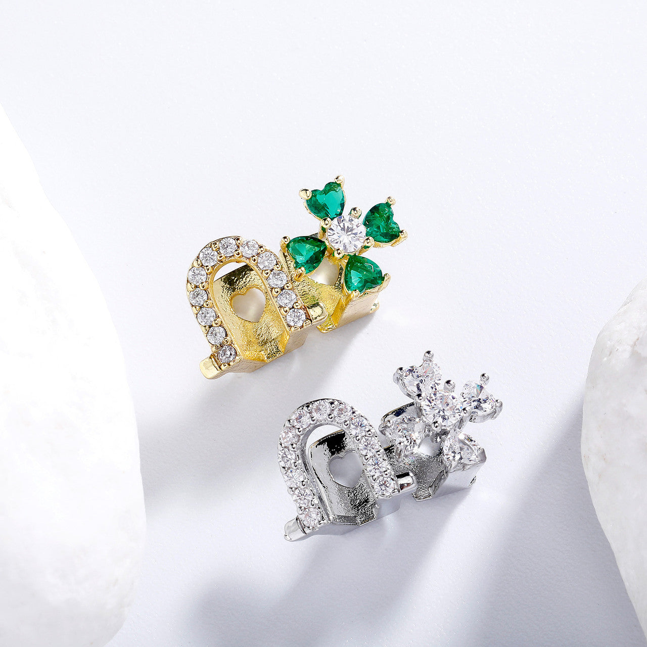 Iced Clover Heart | VVS Diamond CZ Heart Stone Lucky Horse Shoe Mouth Tooth Teeth Hip Hop Grillz