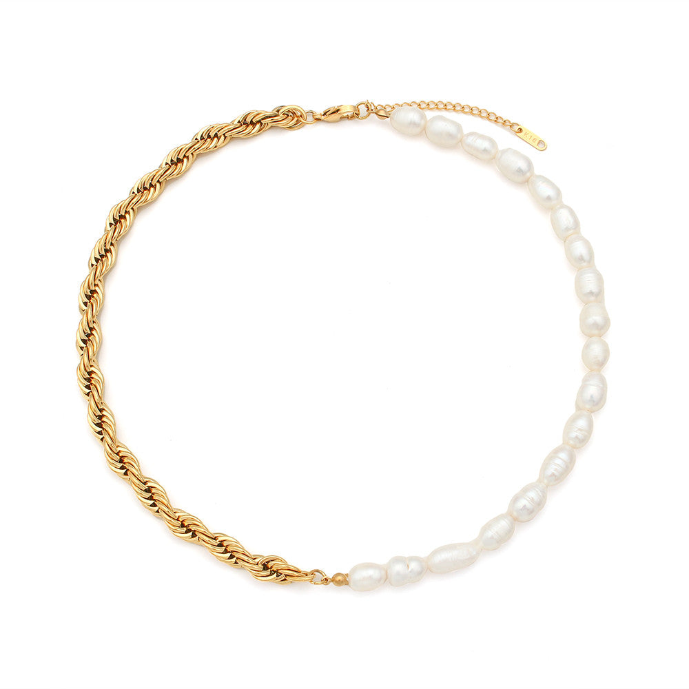 Ladies Bold Twisted Rope Chain Freshwater Pearl Chunky Necklace Bracelet Sets