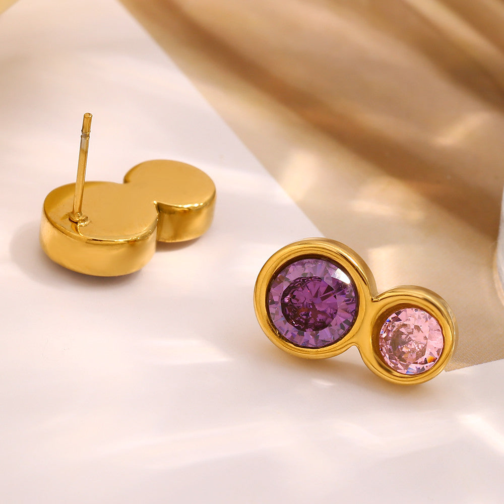 18k Gold Waterproof Stainless Steel Double CIrcle Pink Purple Ziron Stud Earrings