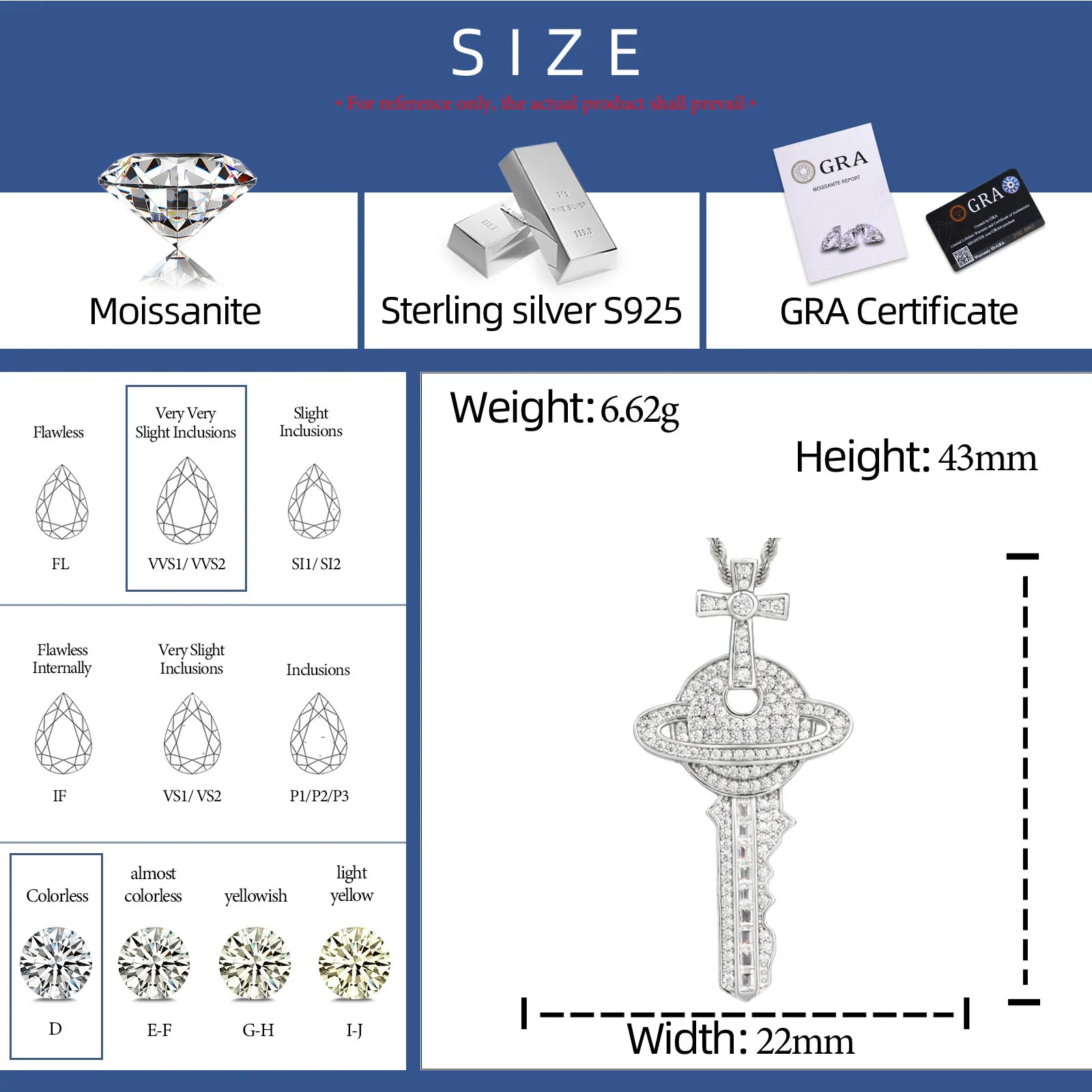 The Master Key | Hip Hop VVS Moissanite Diamond 925 Silver Cross Saturn Key Pendant