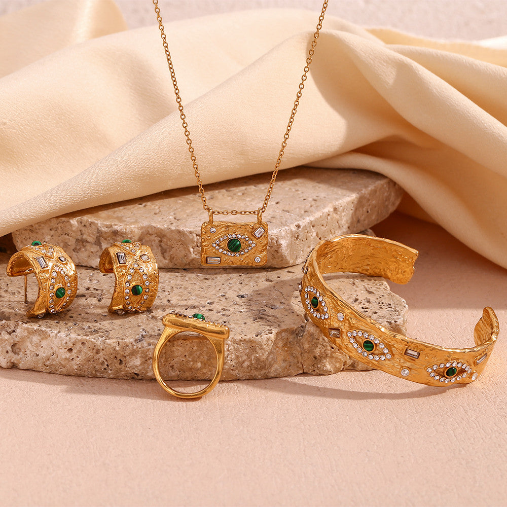 18k Gold Waterproof Malachite Eye CZ Open Bracelet Stainless Steel Ring Bracelet Jewelry Set