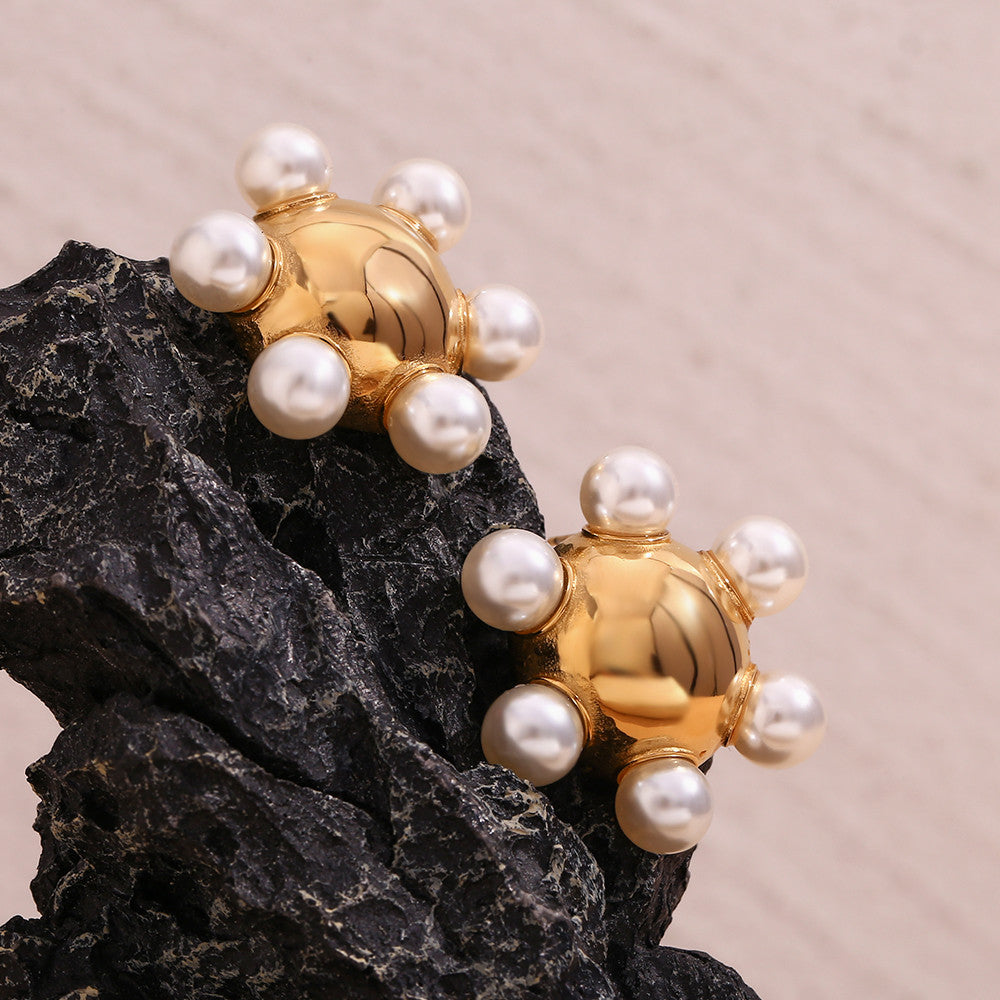 18k Gold Stainless Steel Whirlpool Pentagonal Star Shell Hollow Pearl Earrings