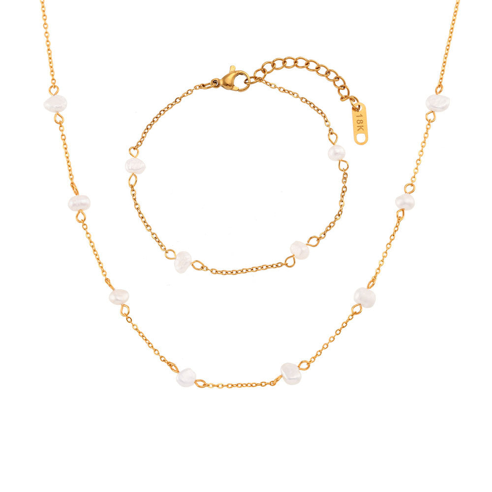 Ladies Anti-allergy 18k Gold Over Stainless Steel Freshwater Pearl Chain Necklace Bracelets Set