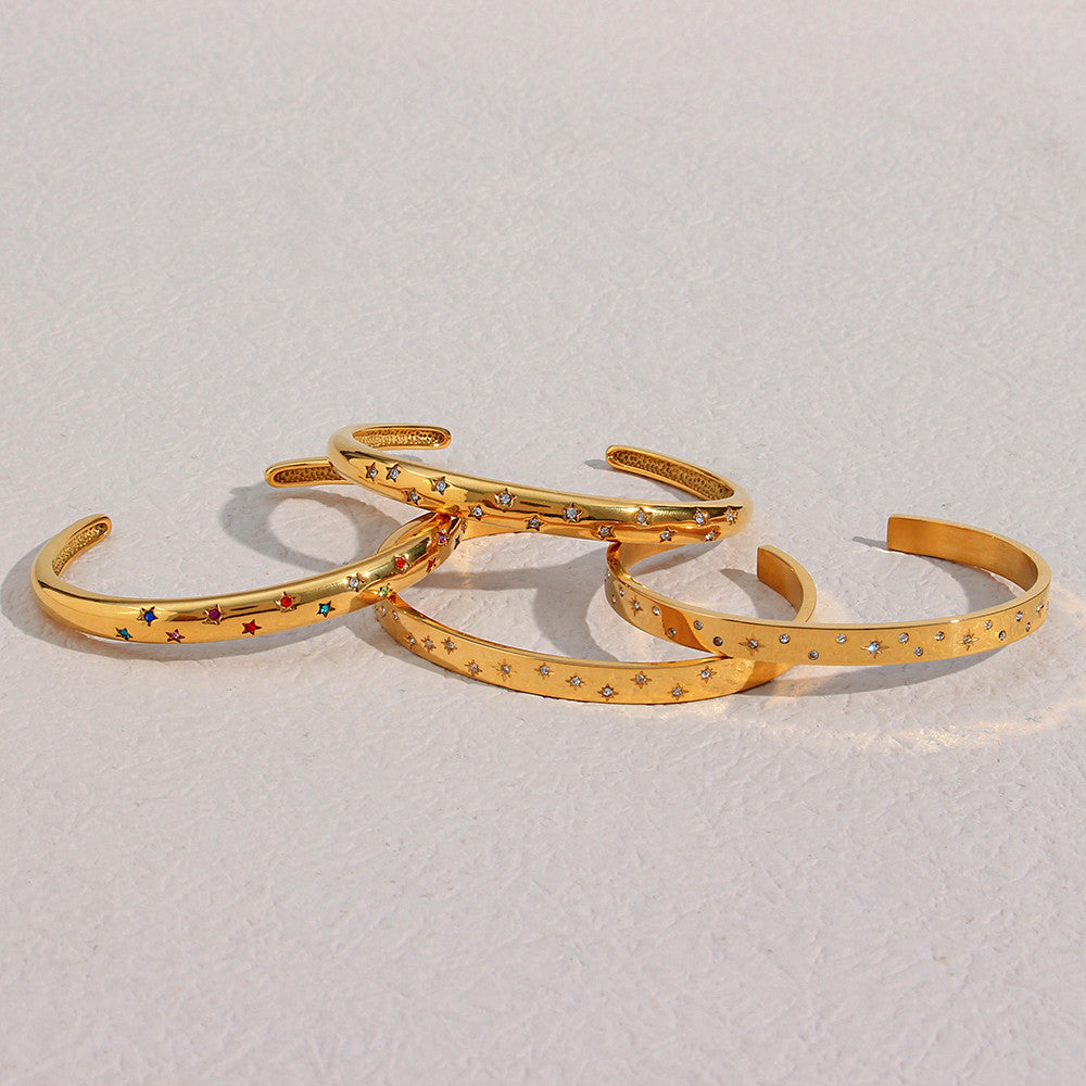 Stainless Steel 18K Gold Cuff Bangle CZ Bling Hip Hop Fashion Bracelets