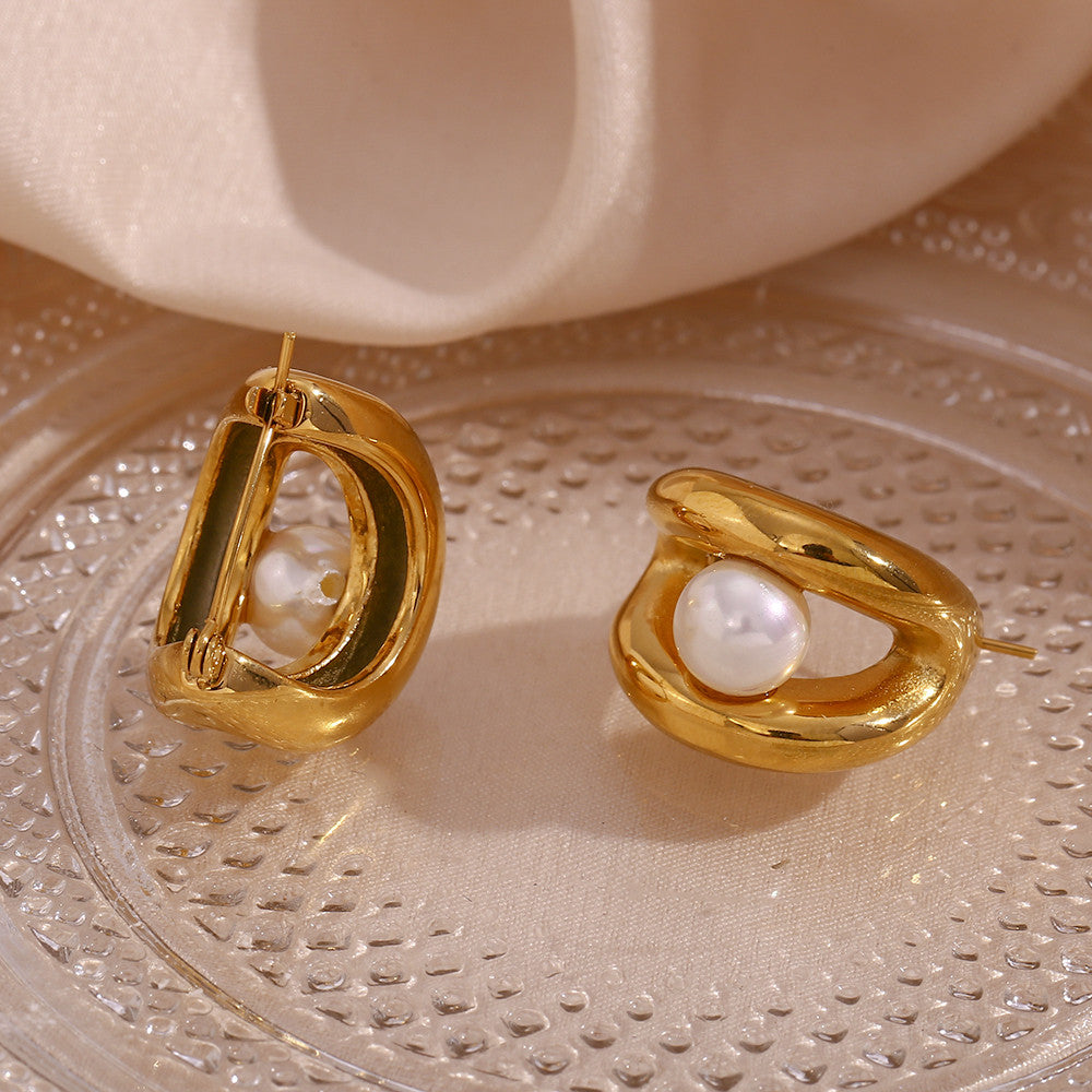 Stainless Steel Water Resistant Double Layers Synthetic Pearl Hoop Bling Earrings