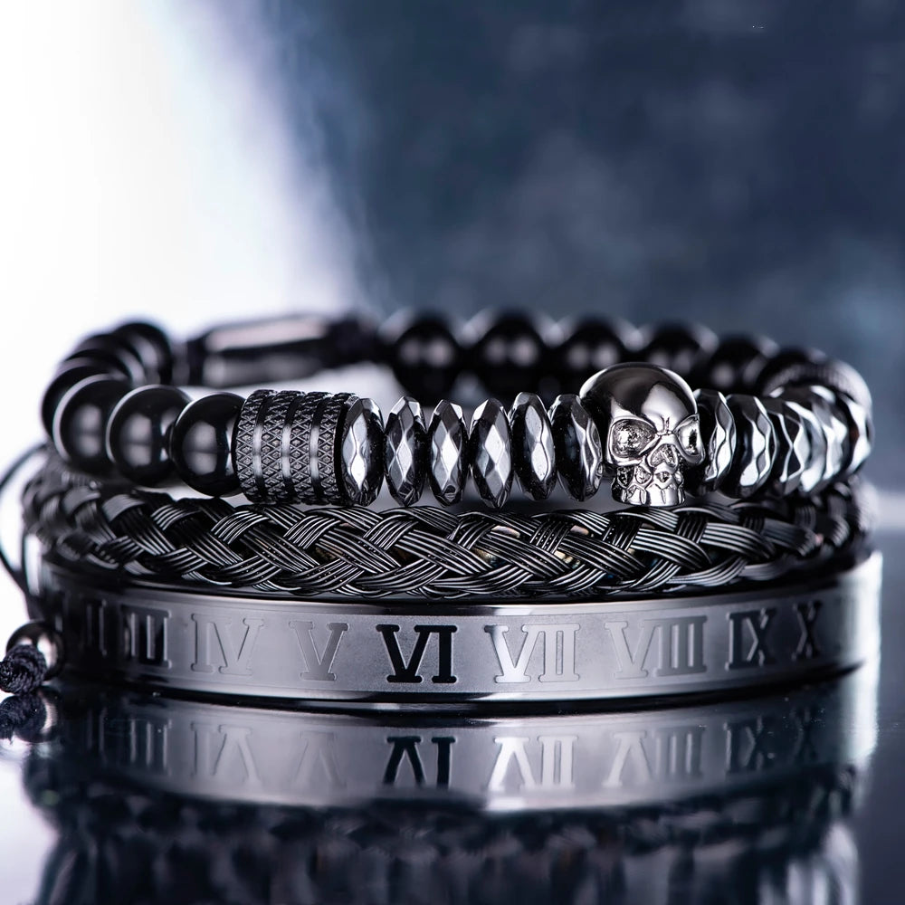 Men's Luxury Hematite Hand Made Bead 3 Piece Skull Head Hip Hop Luxury Bracelet Sets