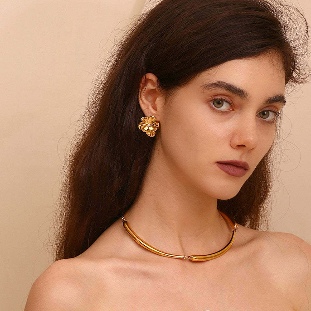 Stainless Steel Retro Flower Double Layer 18k Gold Silver Waterproof Earrings