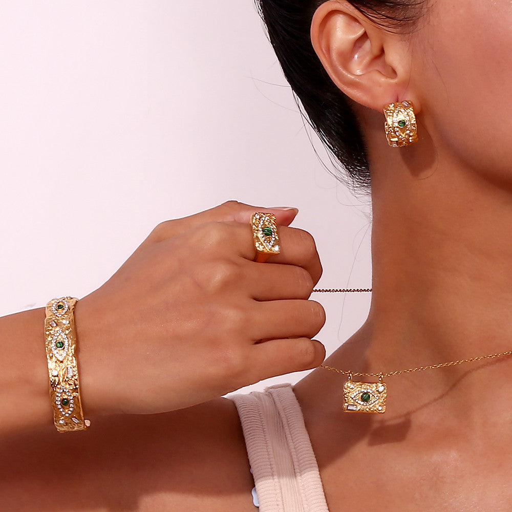 18k Gold Waterproof Malachite Eye CZ Open Bracelet Stainless Steel Ring Bracelet Jewelry Set