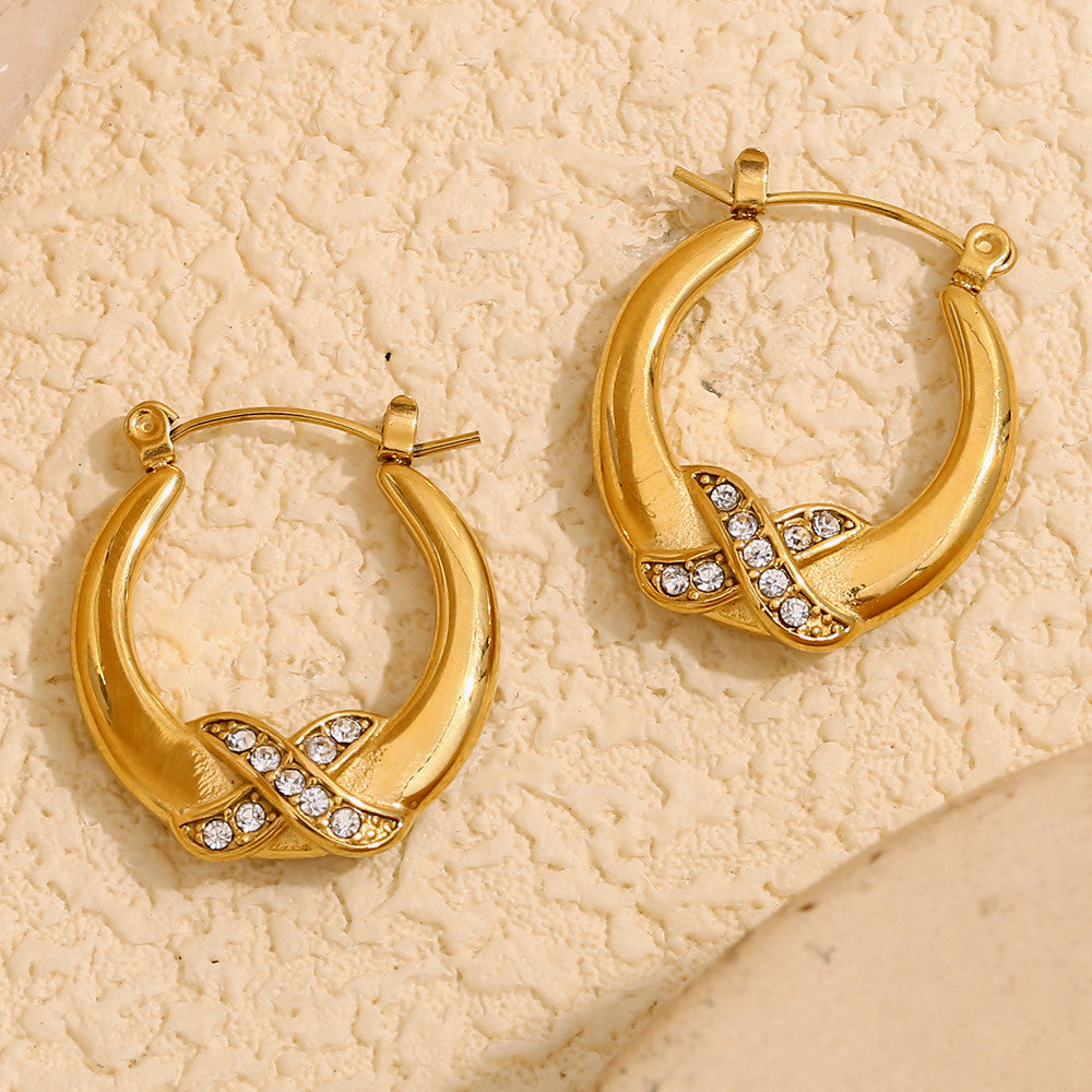 18k Gold Stainless Steel Designer Luxury Crossing X Rhinestone Hoop Bling Earrings