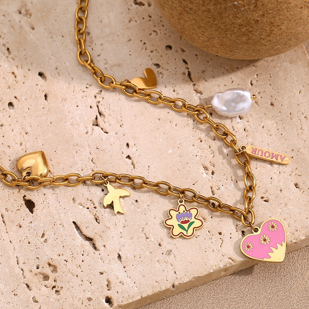 18k Gold Waterproof European Style Stainless Steel Pink Heart Pearl Pendant Necklace