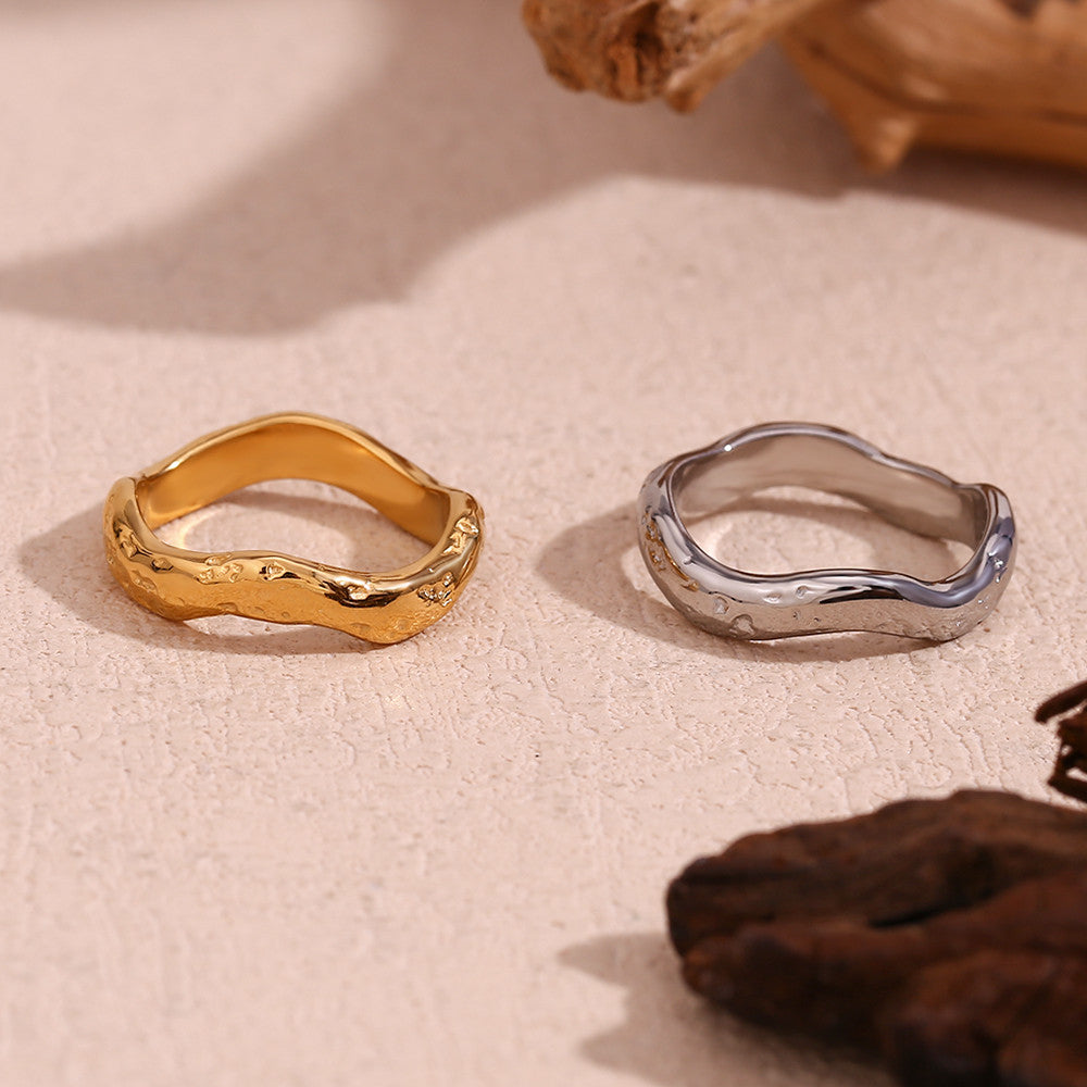 Womens Beat Pattern 18k Gold Stainless Steel Wave Waterproof Tarnish Free Rings