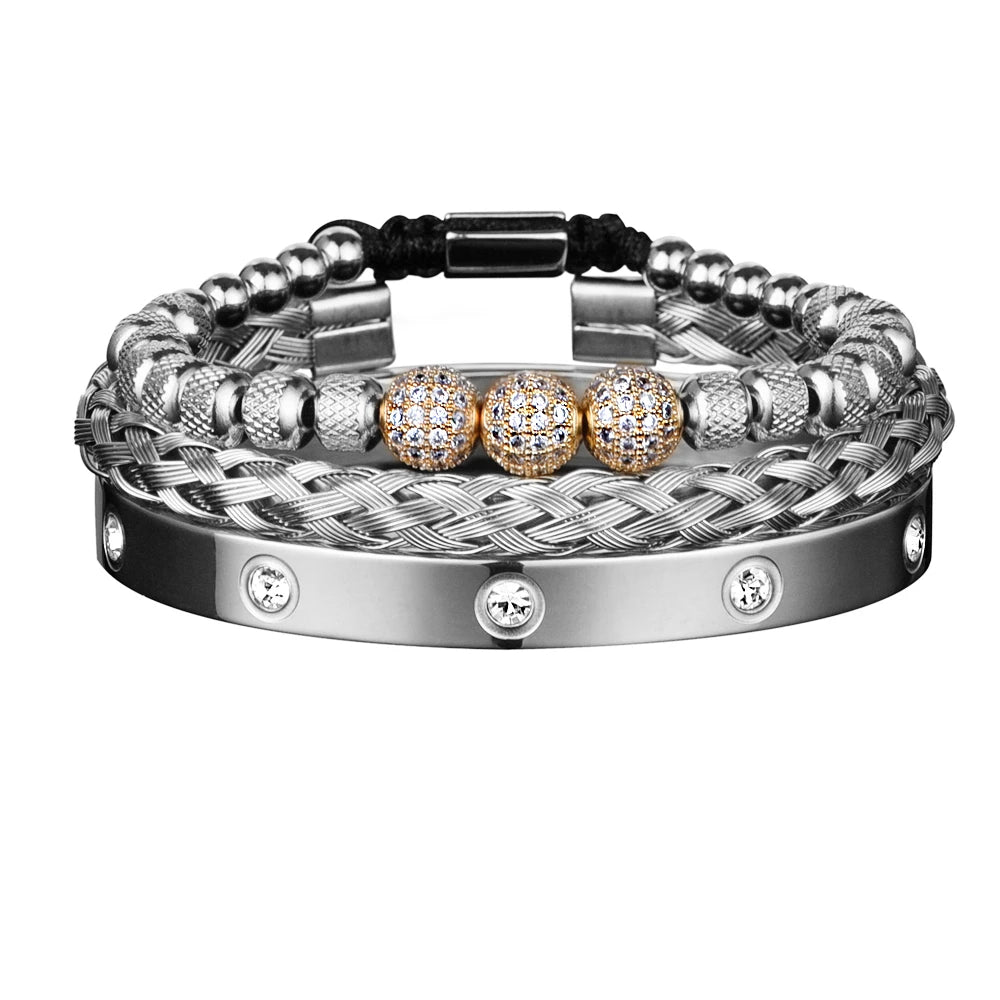 Royal Charm | VVS Diamond CZ 3 Piece Luxury Hip Hop Stainless Steel Bracelet Sets