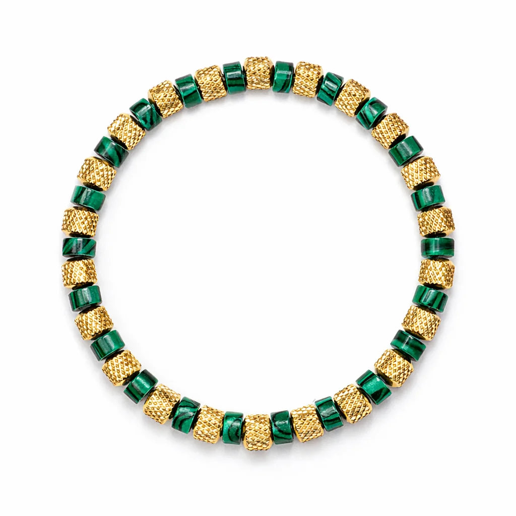 Natural Malachite |  18K Gold Over 304 Stainless Steel Mesh Beads Stone Elastic Stretch Bracelet