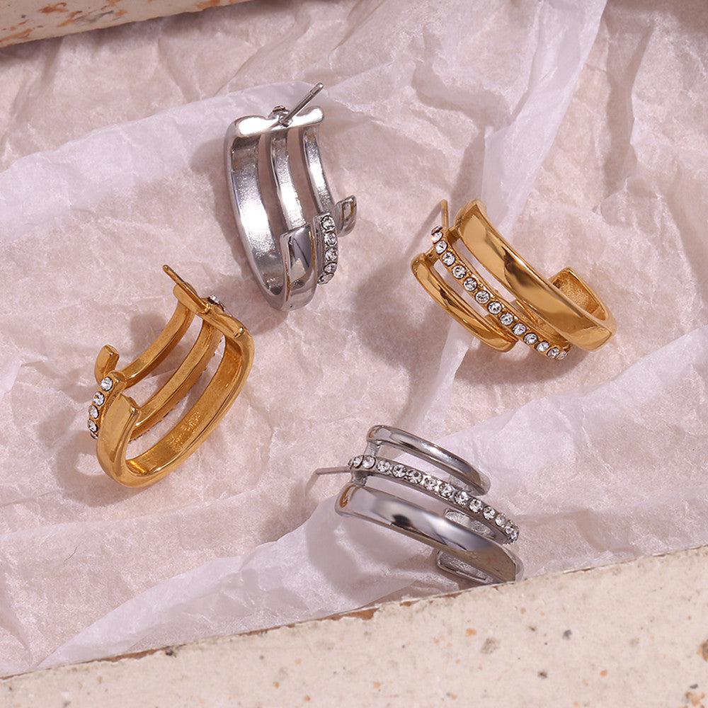 18k Gold Three layer C-shaped CZ Stone Stainless Steel Tarnish Free Earrings