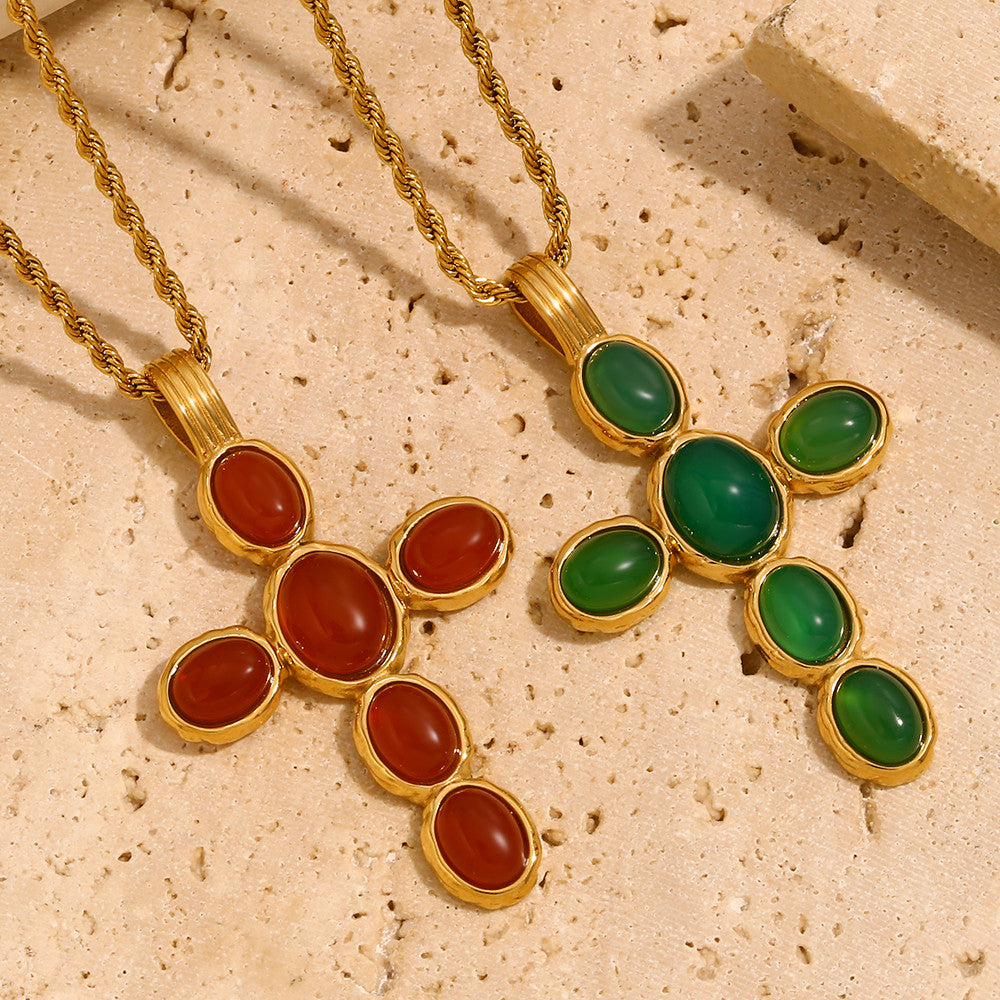 18k Gold Stainless Steel Waterproof Green/Red Color Oval Gemstone Cross Pendant Necklace