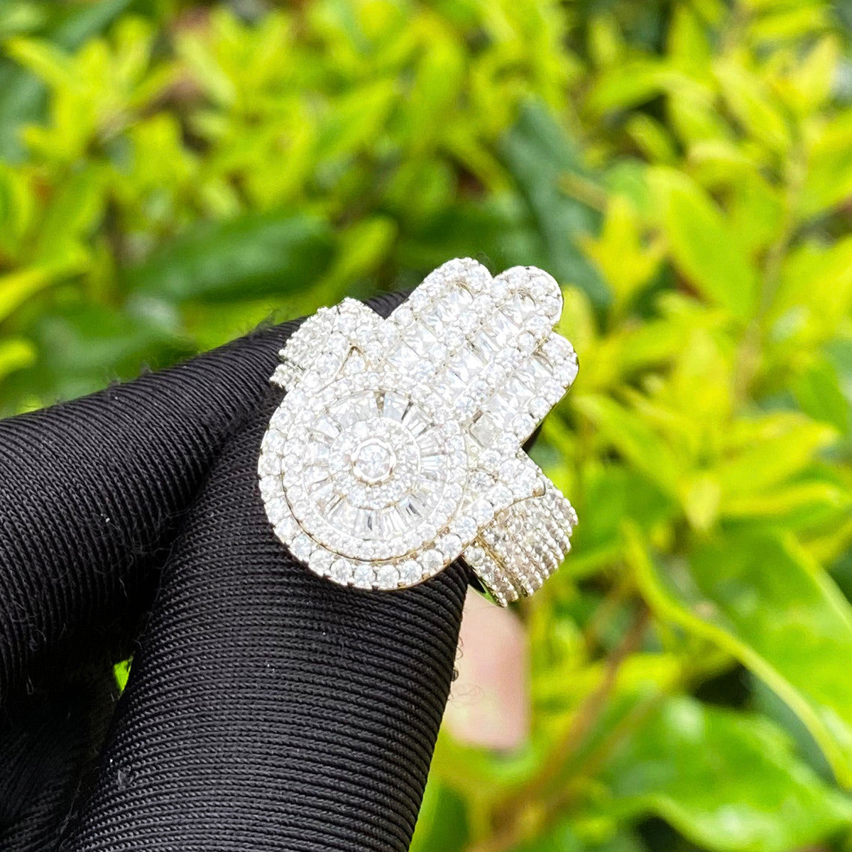 Hand To Hand | VVS Diamond CZ 925 Silver 24k Rose Gold Hamsa Hand Of Fatima Hip Hop Ring