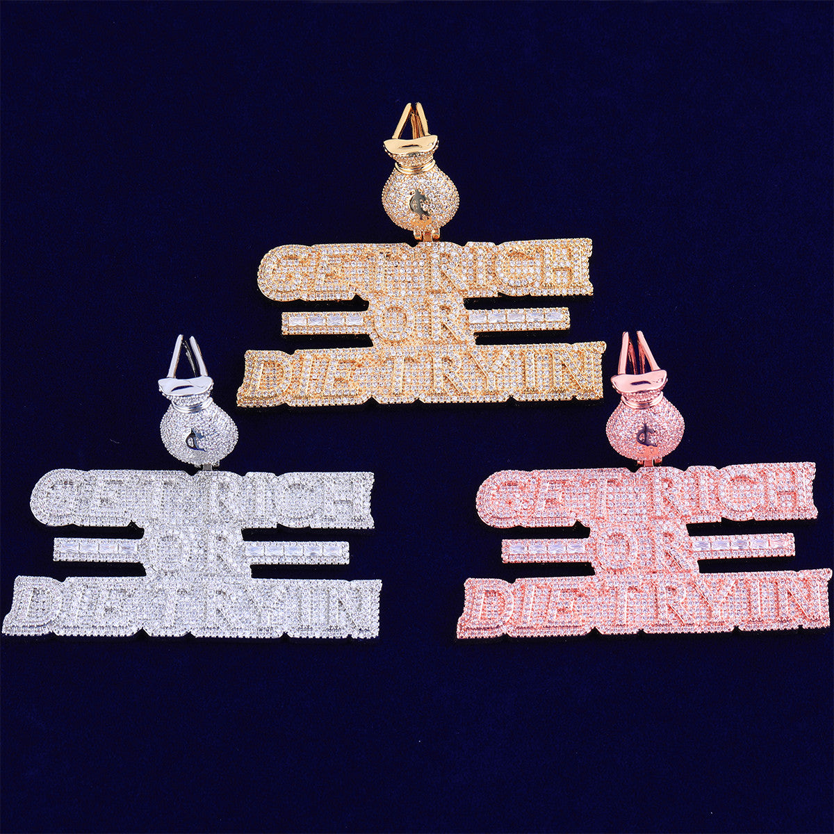 Get Rich or Die Tryin | VVS Diamond CZ Baguette Name Plate Hip Hop Pendant