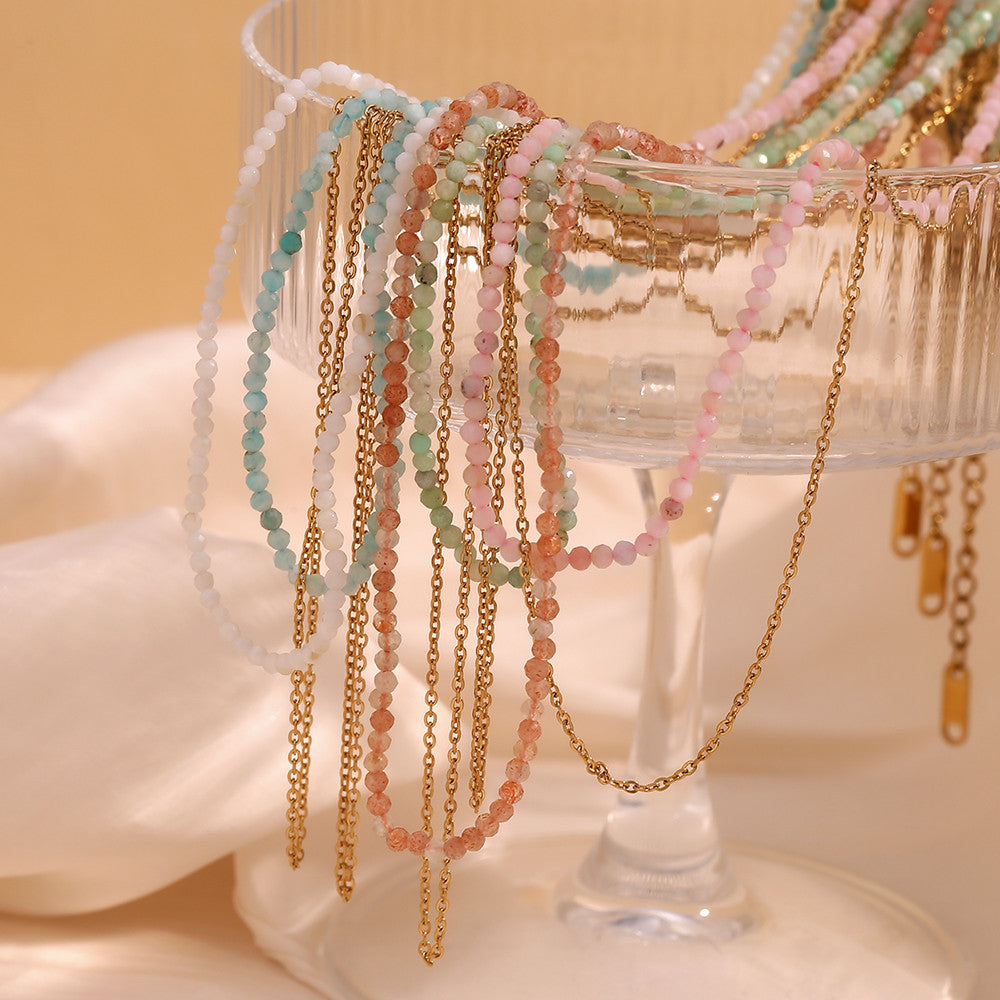 18k Gold Tarnish Free Amazonite O-Shaped Double Layer Stainless Steel Necklace