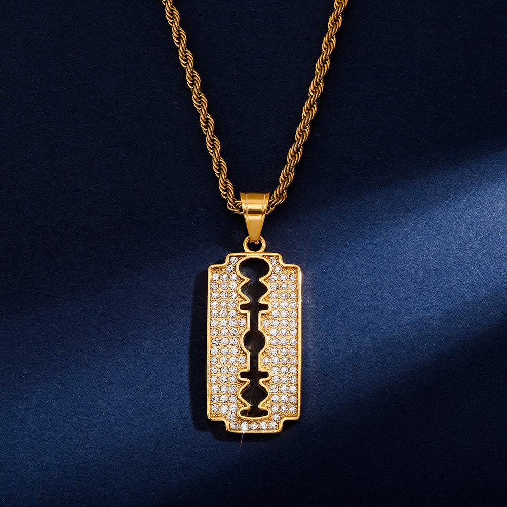 No Fade Stainless Steel Hip Hop Iced Razor Blade Pendant Chain Necklace
