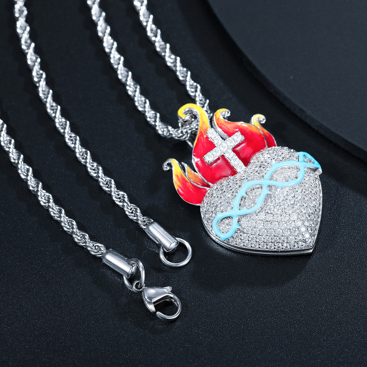 Heart Of Fire | Moissanite Diamond Cross Flame Glow In The Dark Silver Pendant