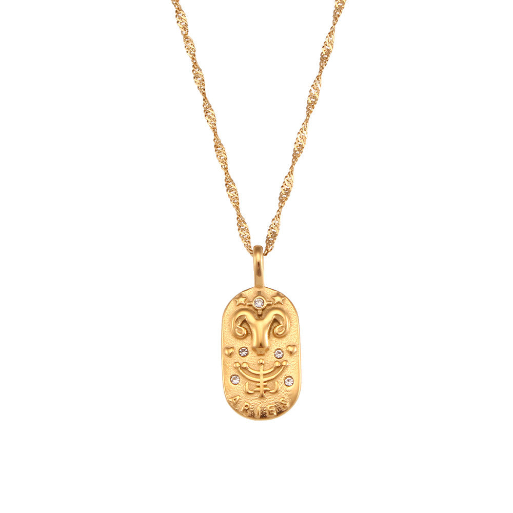 Ladies 18k Gold Waterproof Stainless Steel CZ Zodiac Sign Bling Pendant