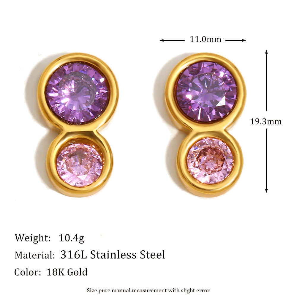 18k Gold Waterproof Stainless Steel Double CIrcle Pink Purple Ziron Stud Earrings