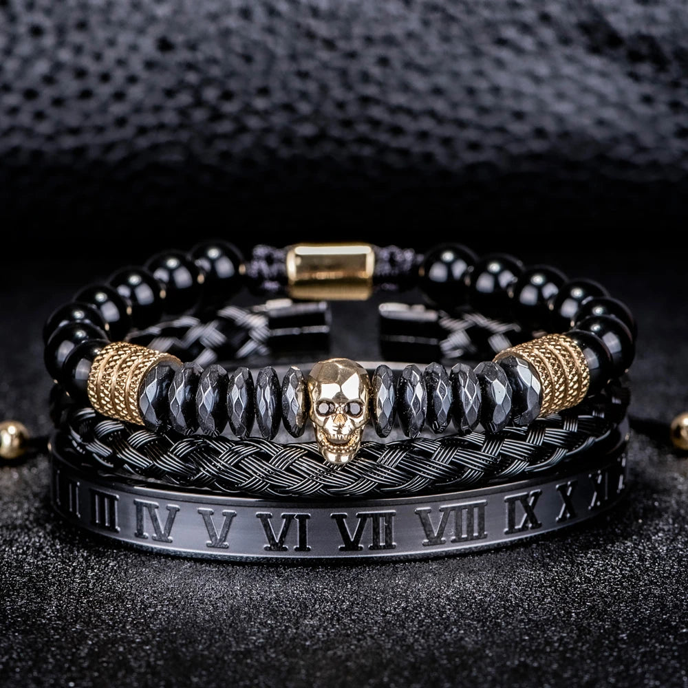 Men's Luxury Hematite Hand Made Bead 3 Piece Skull Head Hip Hop Luxury Bracelet Sets