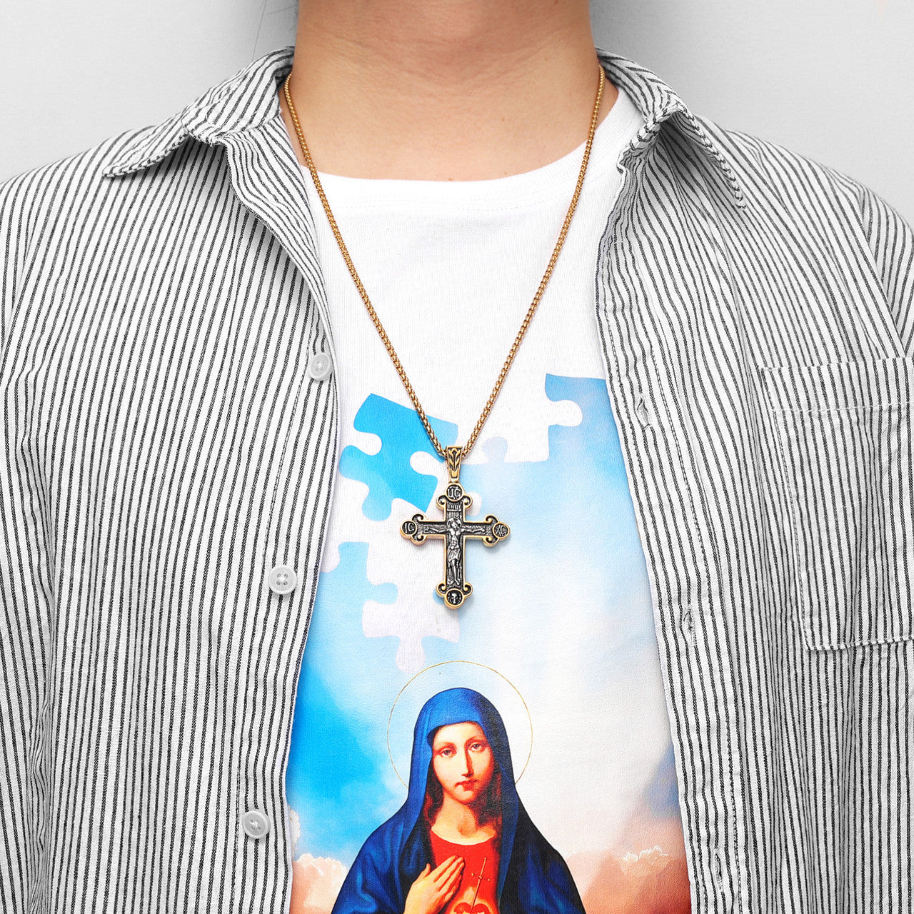 Jesus Cross | 14k Gold over 316L Stainless Steel Religion Amulet Pendant Chain Necklace