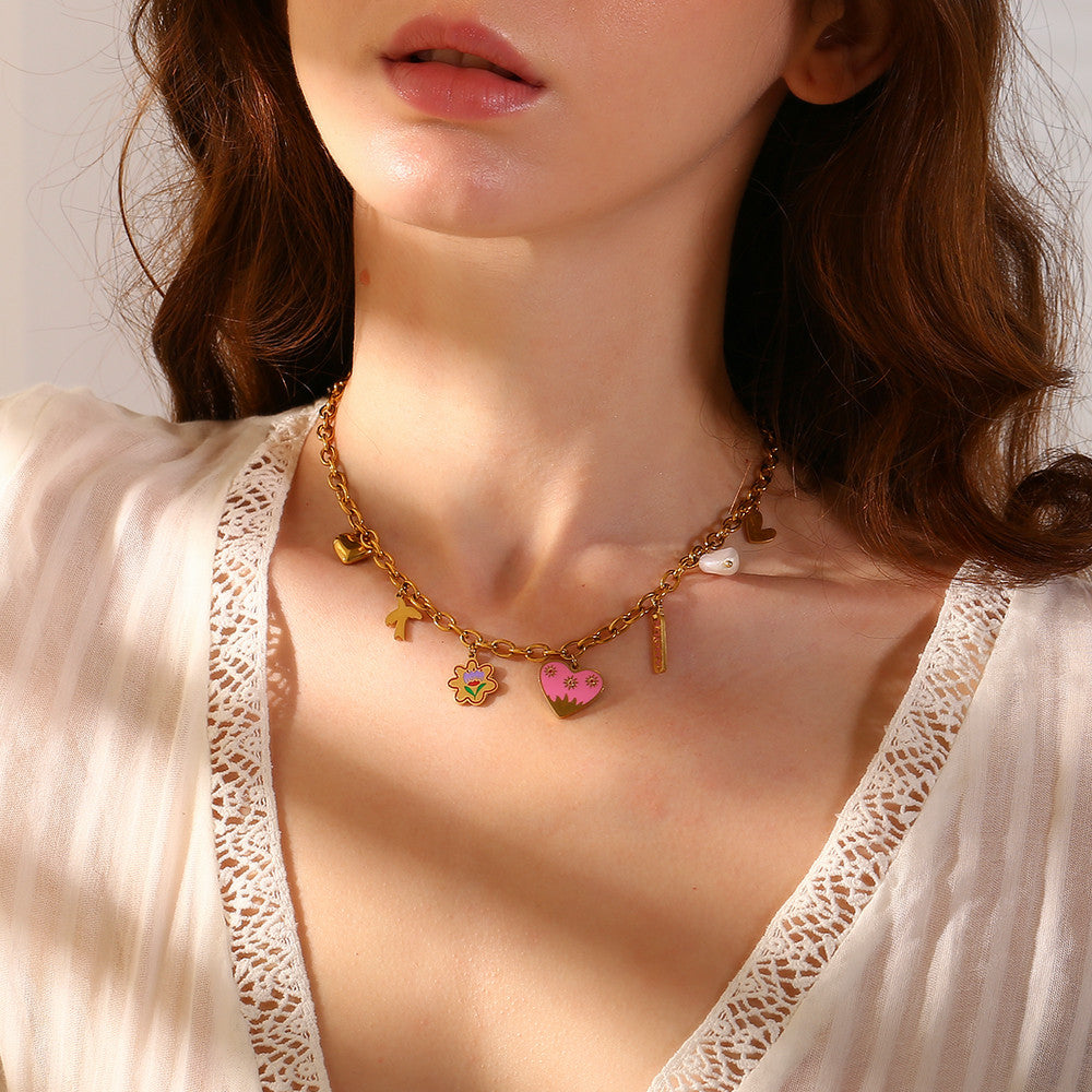 18k Gold Waterproof European Style Stainless Steel Pink Heart Pearl Pendant Necklace